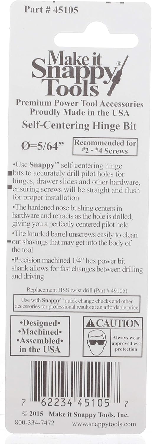 Snappy 5/64" Self-Centering VIX Hinge Bit for #2 - #4 Screws 1/4 Hex Made in USA