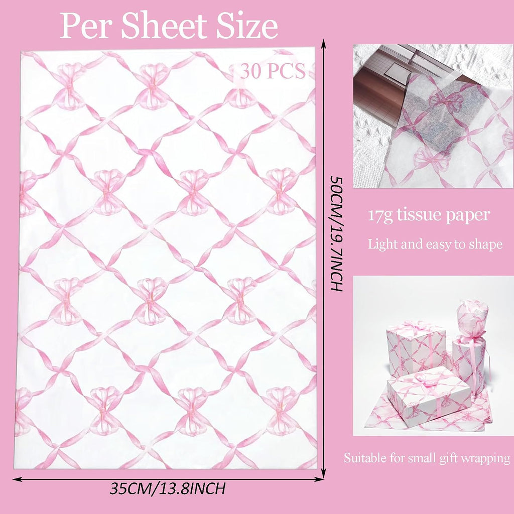 Pink Bow Tissue Paper, Cute Girly Gift Wrapping Tissue Paper For Gift Bags Packaging, Matte Gift Wrap Tissue For