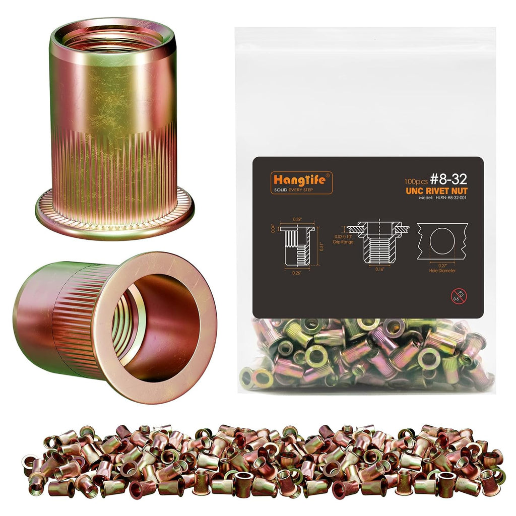 HANGLIFE Rivet Nut, #8-32 UNC SAE Rivnut - Flat Head Nutserts, Zinc-Plated Carbon Steel Knurled Body Threaded Insert Nuts, 100 Pieces