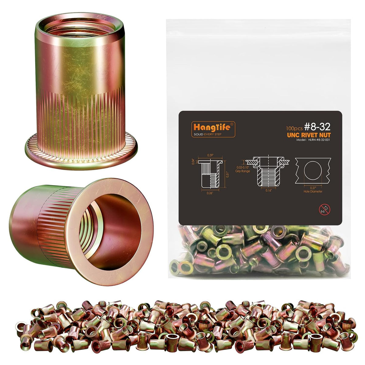 HANGLIFE Rivet Nut, #8-32 UNC SAE Rivnut - Flat Head Nutserts, Zinc-Plated Carbon Steel Knurled Body Threaded Insert Nuts, 100 Pieces