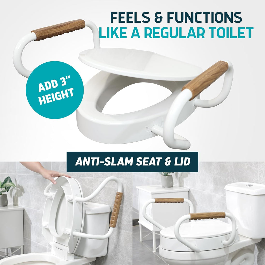 Solva Raised Toilet Seat with Handles - Elongated - Easy to Install Toilet Seat Risers for Seniors - Adds 3 Inches &