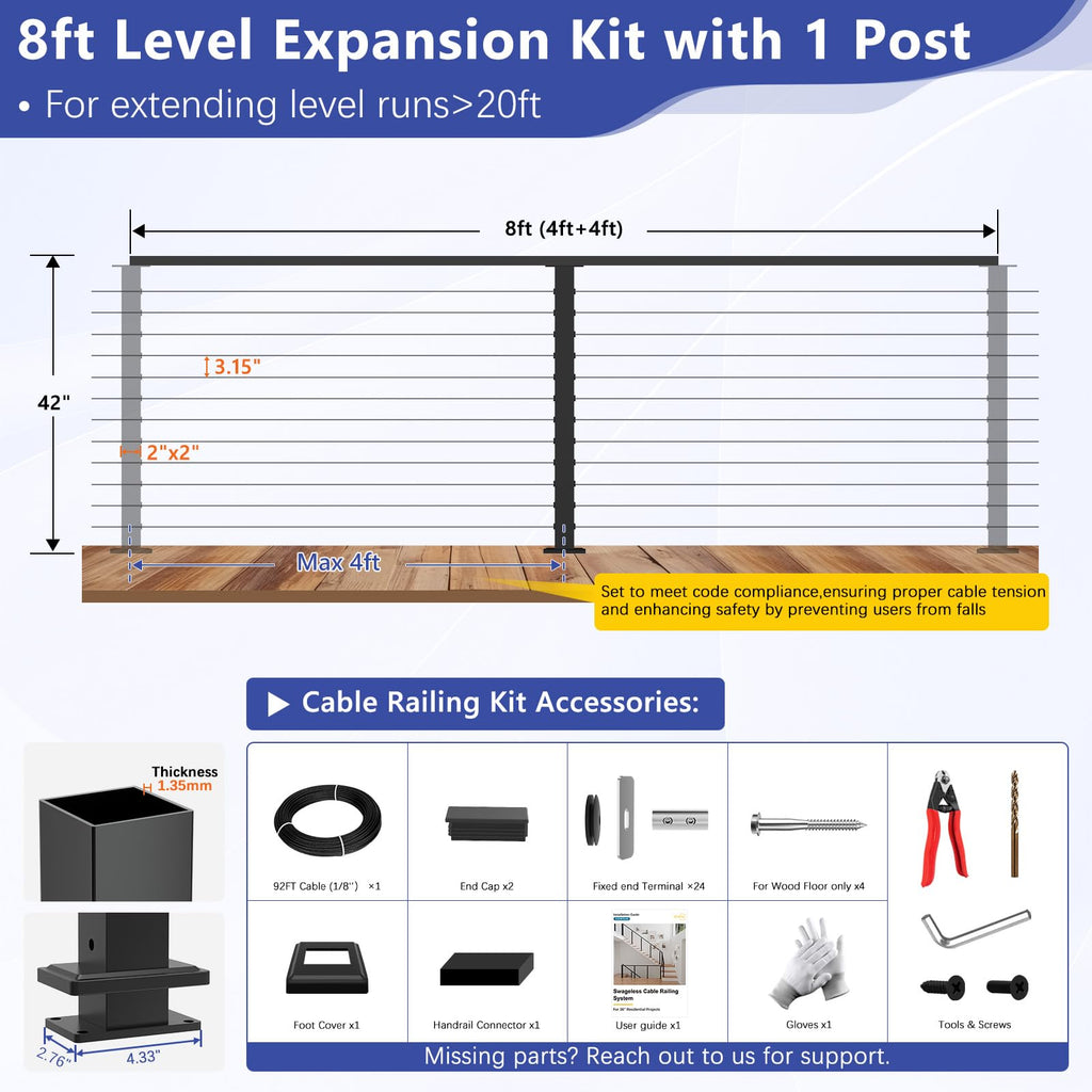 4-8ft Modular 42in Cable Railing Level Post Kit with Handrail