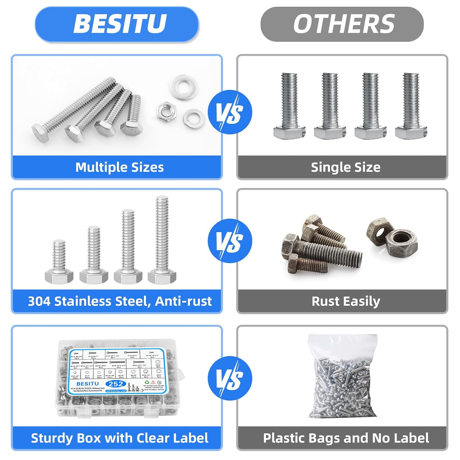 252Pcs Hex Bolts and Nuts Assortment Kit, 1/4-20, 5/16-18, 3/8-16 Assorted Bolts Nuts and Washers Kit, 304 Stainless