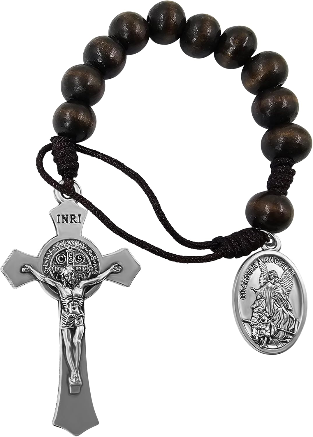 Saint Benedict Medal Crucifix One Decade Pocket Rosary Wood Bead