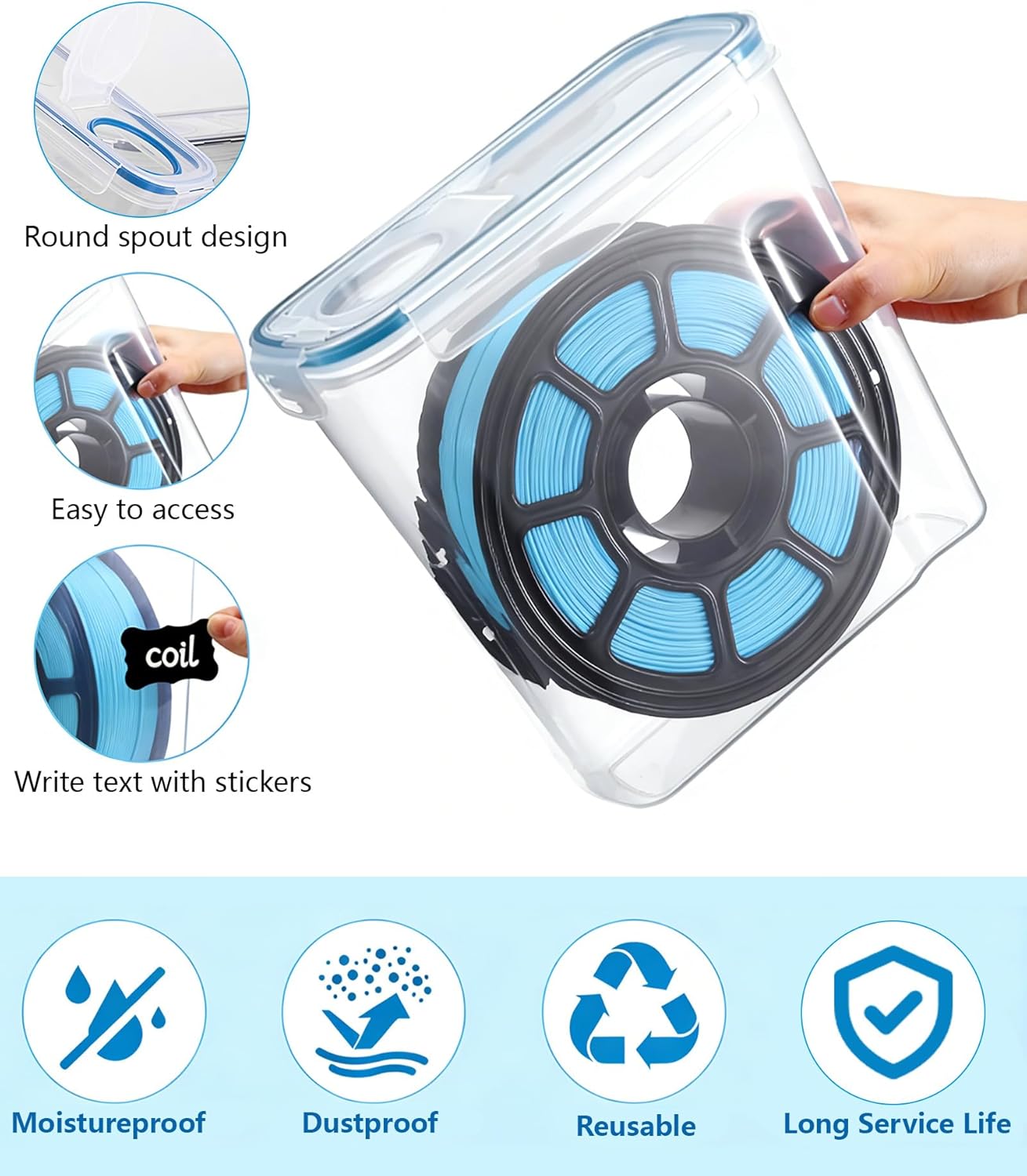 Filament Storage Box 4 Pack with Desiccants, Labels for 3D Printing | Silicone Sealed Storage Container Airtight