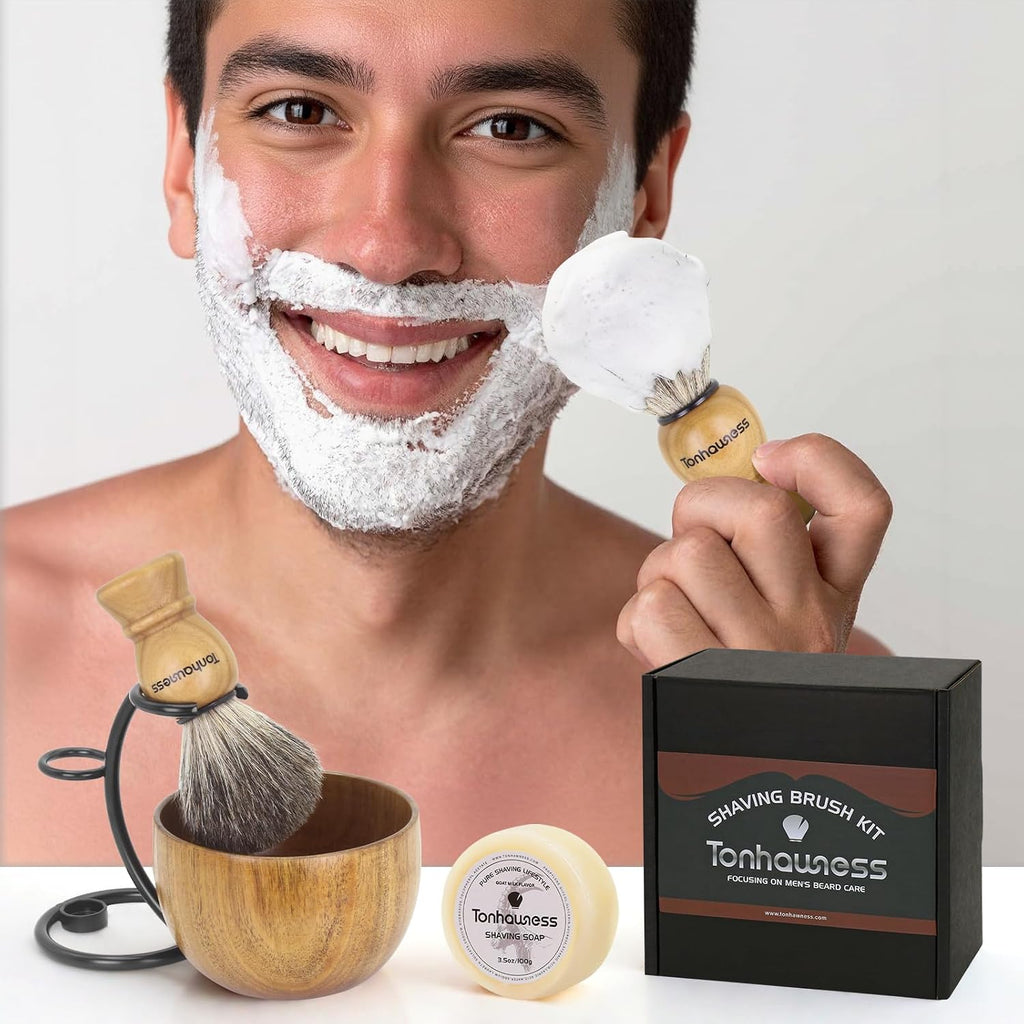 Shaving Brush Kit For Men, 4 In 1 Shaving Brushes Set Includes Badger Hair Shaving Brush, Wood Bowl, Stainless Steel