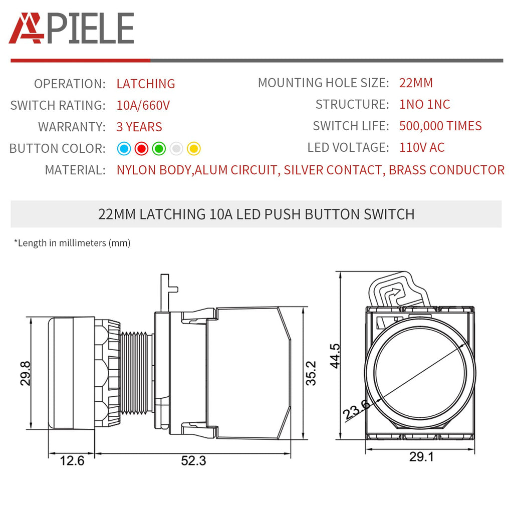 APIELE 22mm Latching Push Button Switch Metal Head Plastic Body 110V AC/DC Led 1NO 1NC Self-Locking