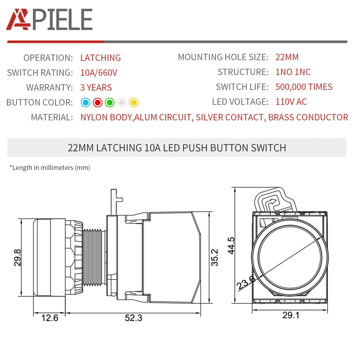 APIELE 22mm Latching Push Button Switch Metal Head Plastic Body 110V AC/DC Led 1NO 1NC Self-Locking