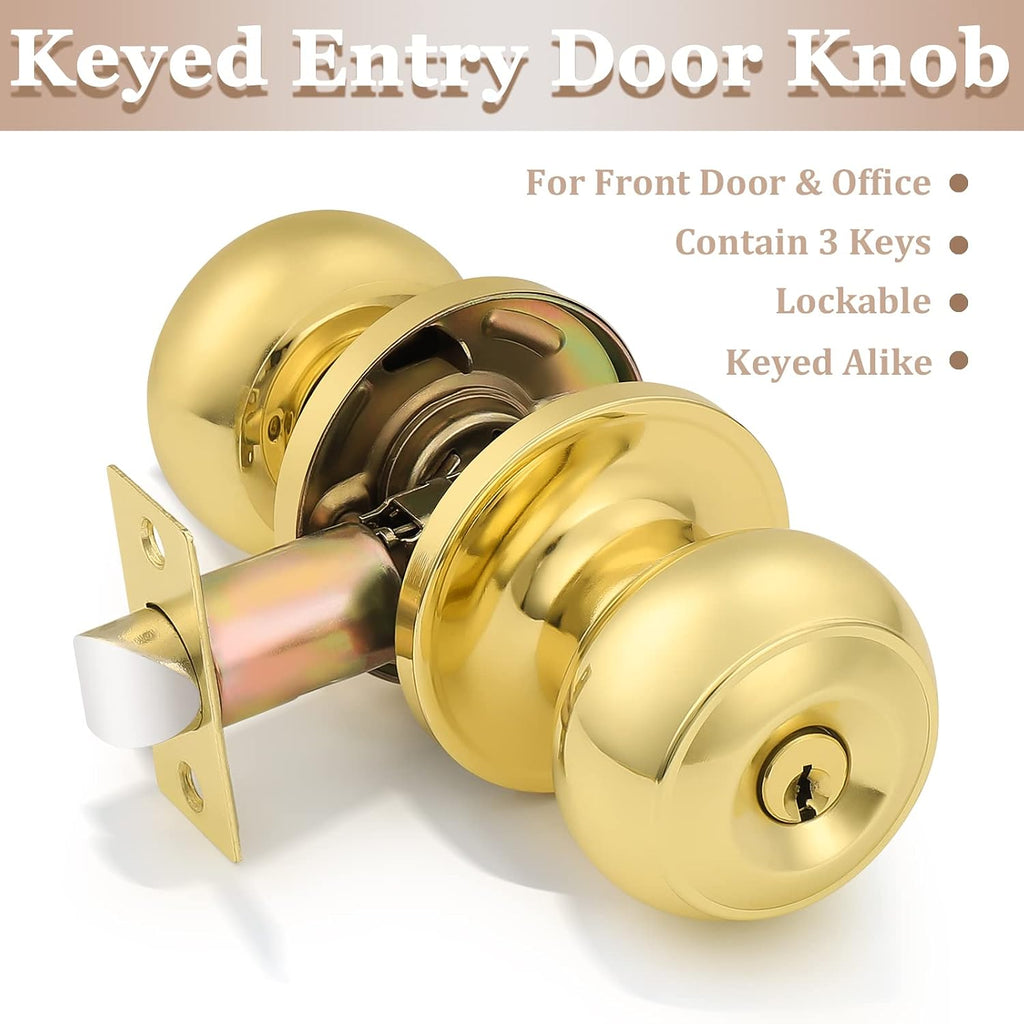 Entrance Door Knobs Door Lock Keyed Alike Lockset Polished Brass Same Key Round Ball Entry Door Knobs Pack of 2