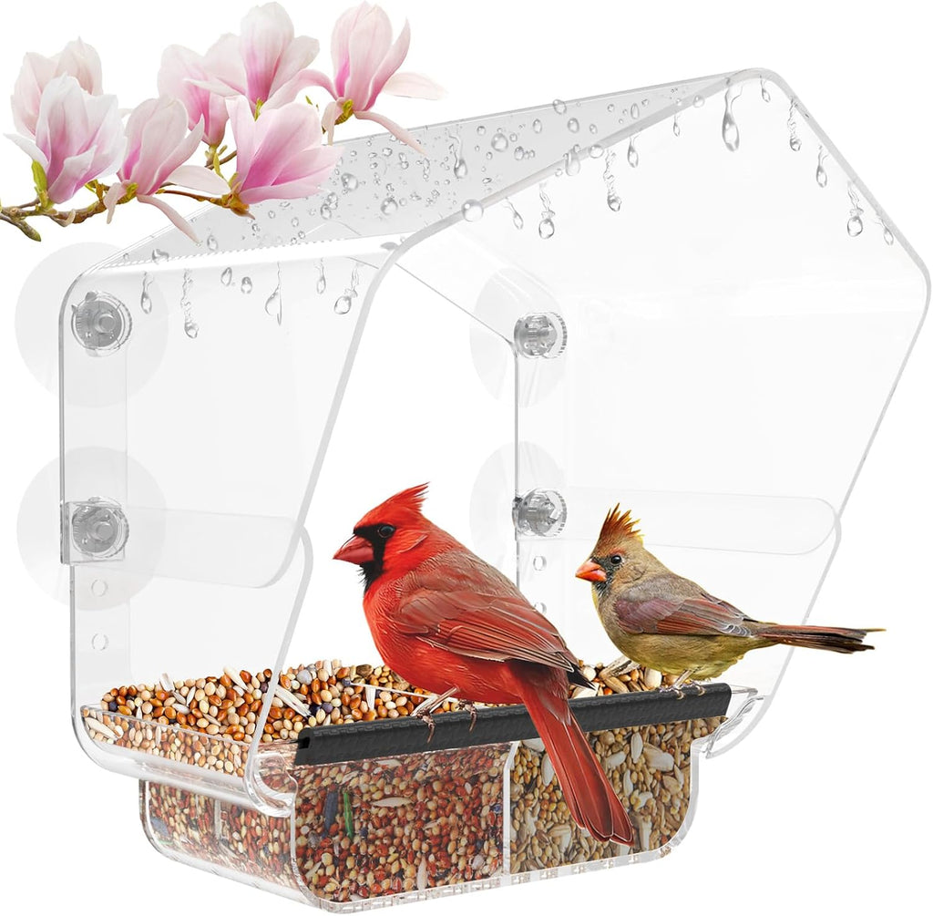 Window Bird Feeder with Strong Suction Cups, Large View Clear Feeder, Seed Tray, 13in x 5.5in x 4.2in for Outside