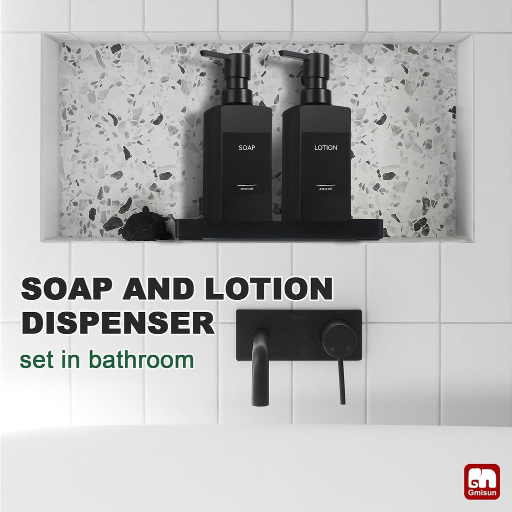 Kitchen Soap Dispenser Set, Hand and Dish Soap Dispensers, 12 fl oz/350 ml Black Soap Dispenser with Tray, Glass Dish