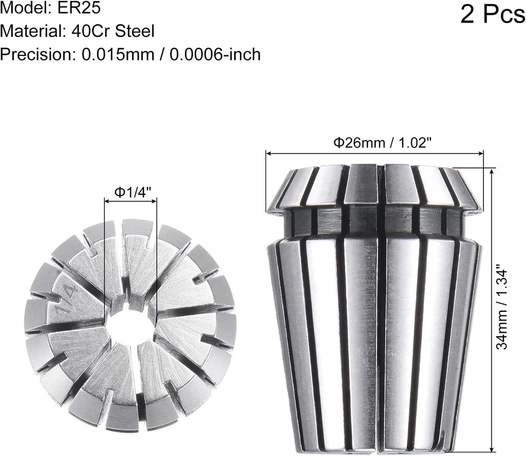uxcell ER25 Spring Collet 1/4" Chuck for CNC Engraving Machine Lathe Milling Tool 2pcs