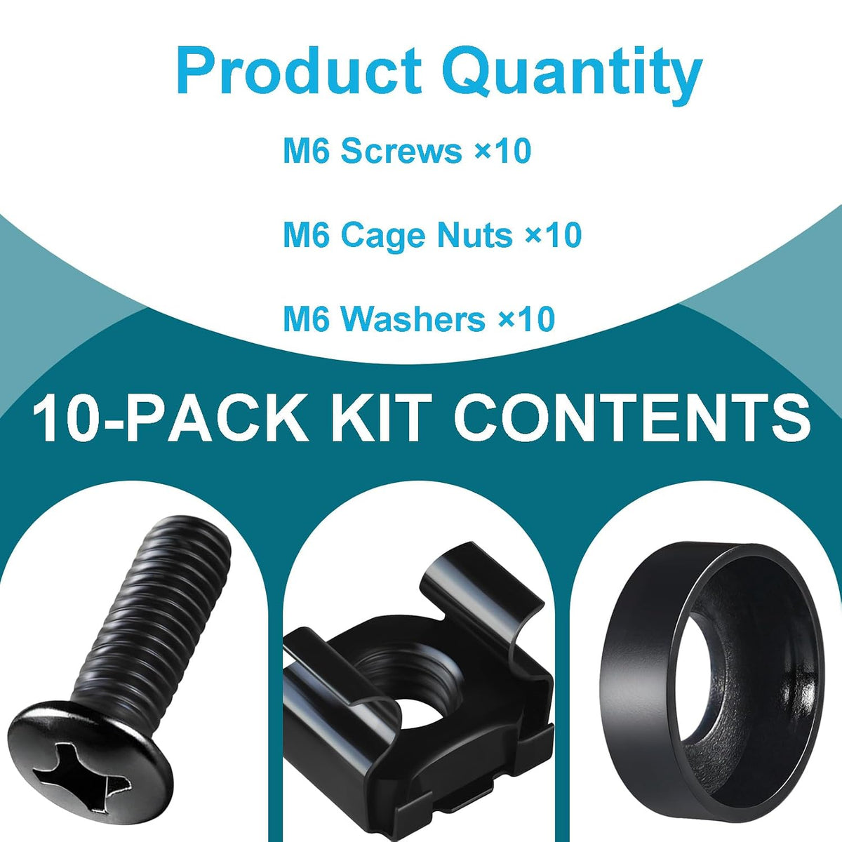 M6 Cage Nuts and Rack Screws Kit, 10-Pack, Rack Mount Cage Nuts
