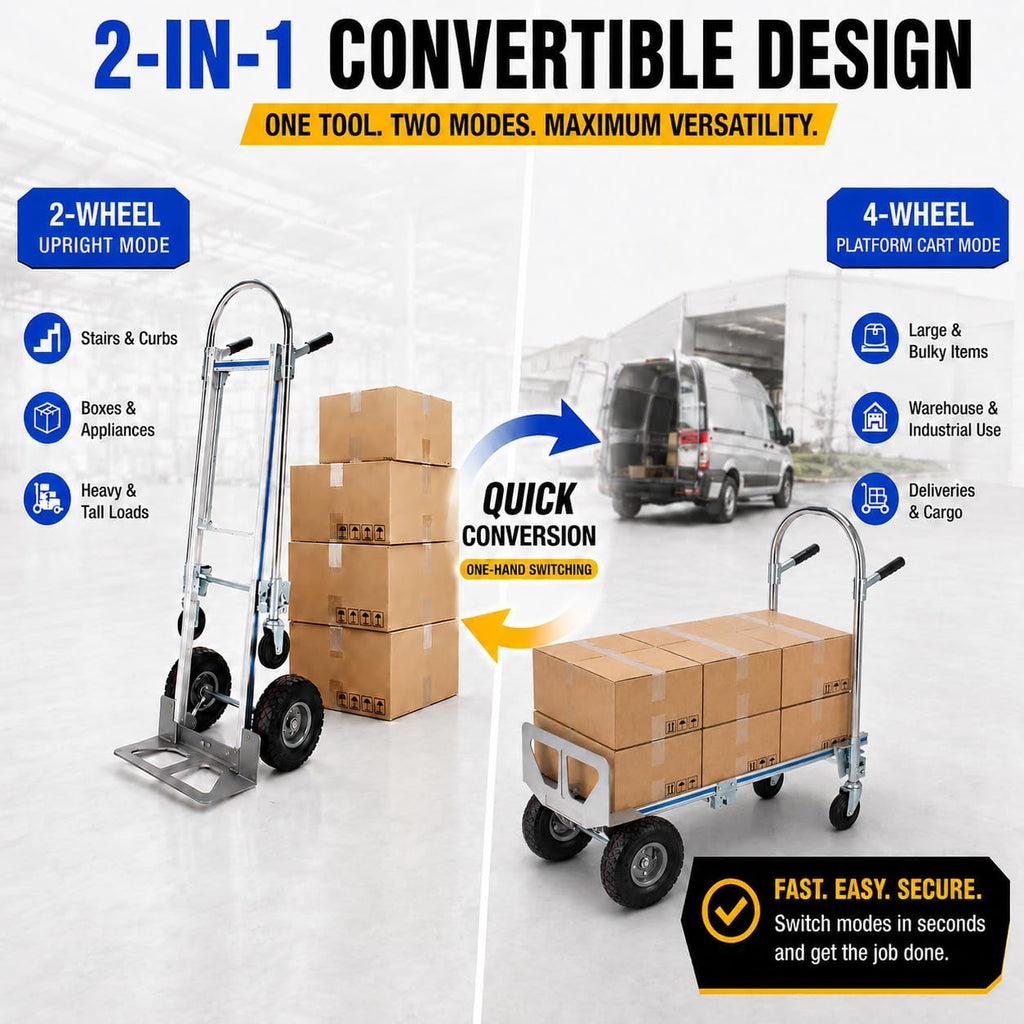 2-in-1 Convertible Hand Truck Dolly, 800 LB Capacity Heavy Duty Utility Cart with Pneumatic Tires, Aluminum & Steel