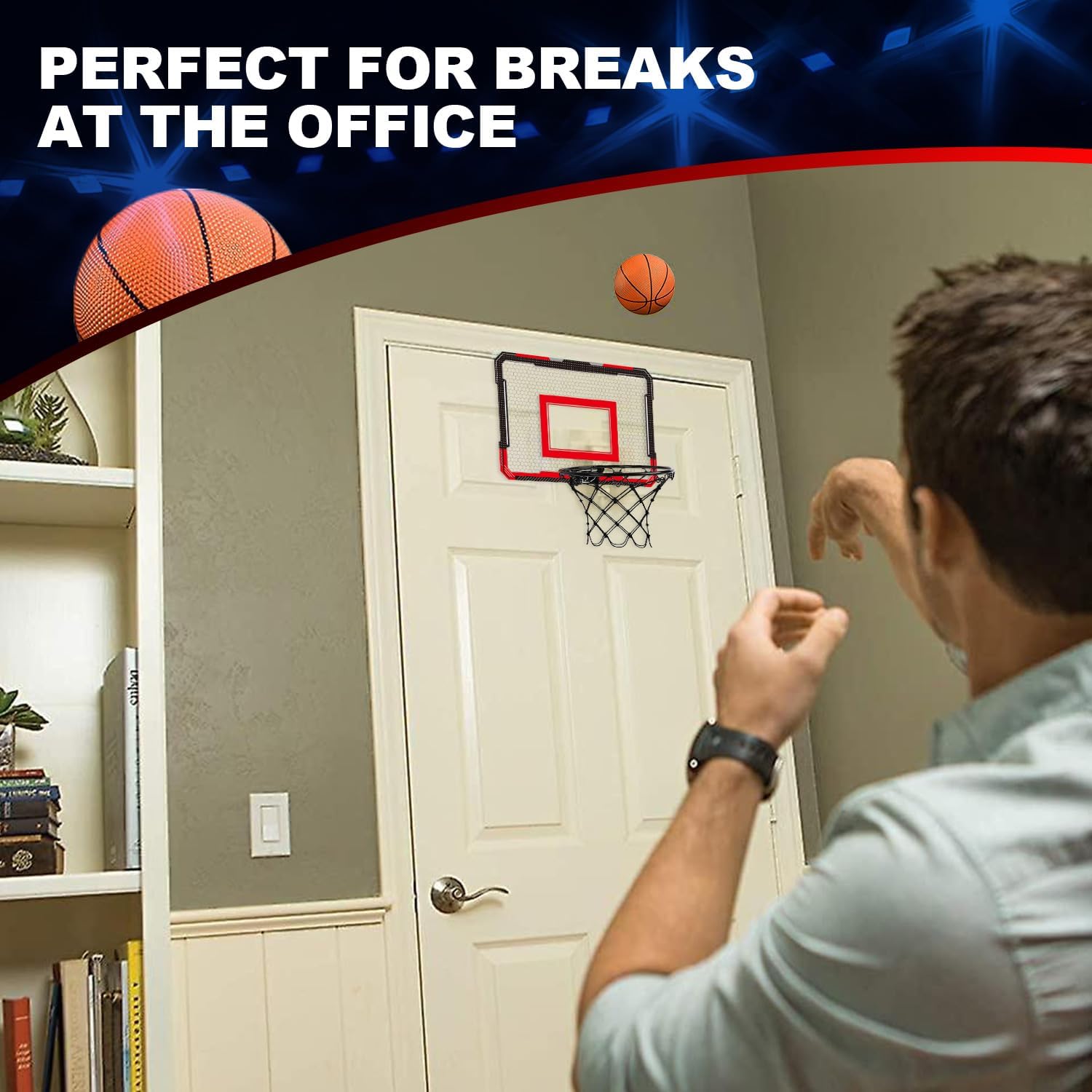Over-the-Door Basketball Hoop with 4 Balls, Ages 3-12 | 15.75 x 11.42 in backboard, bedroom or office play, pump