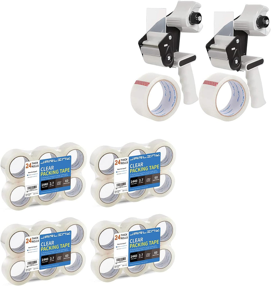 Packing Tape Dispenser Gun (2 Pack) with 2 Rolls Tape Bundle with 24 Rolls Clear Packing Tape for Shipping Packaging