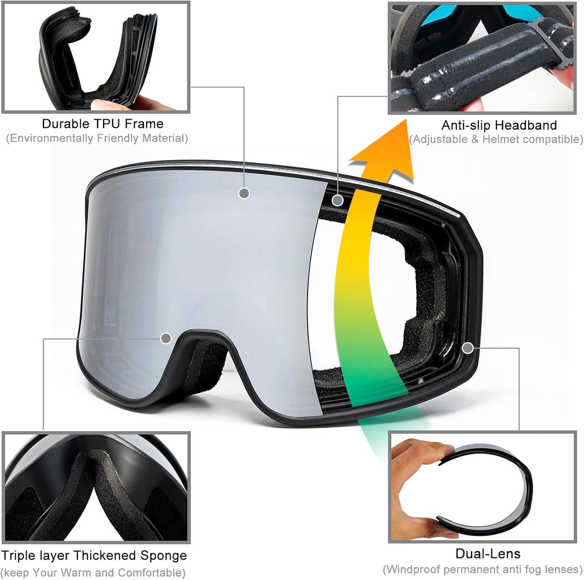 Ski Goggles Over Glasses with Dual lens | Anti-fog Anti-UV Snow Goggles for Men Women Youth Skiing Snowmobile