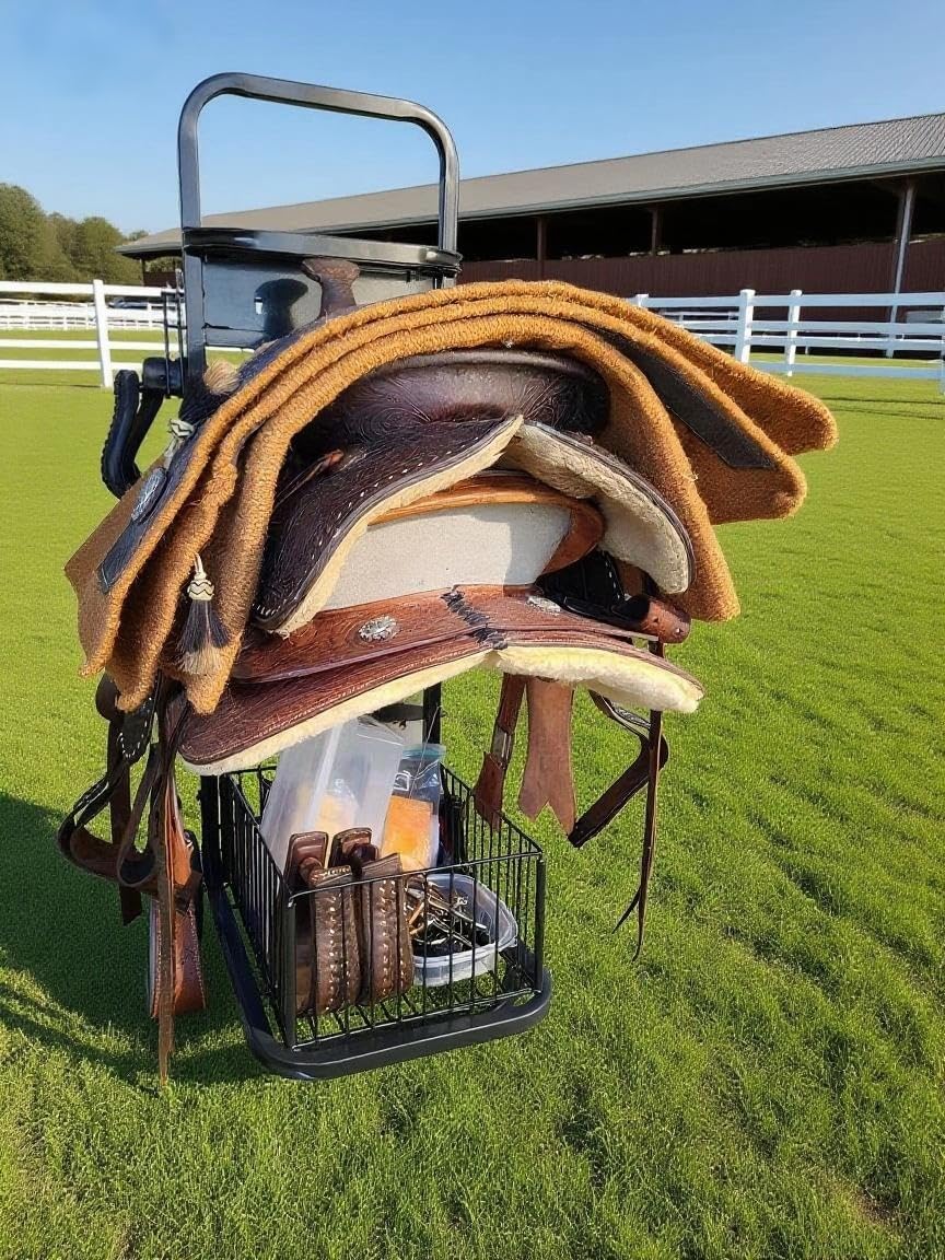 Rolling Horse Saddle Rack Cart Foldable Saddle Pad Rack Stand 3 Tier Heavy Duty with Removable Saddle Stands &