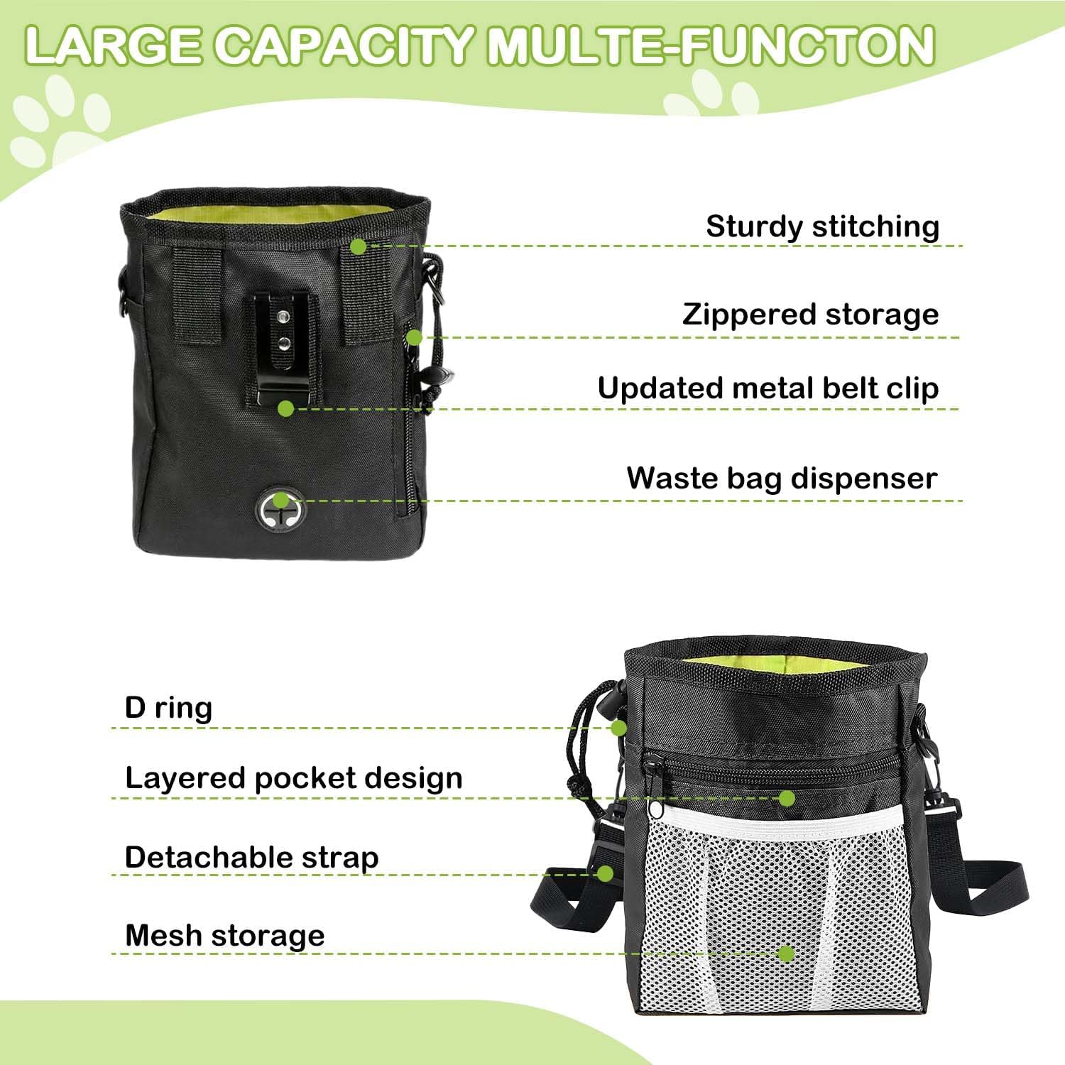 3-in-1 Dog Treat Pouch for Training, Hands-Free Dog Training Treat Bag with Clicker & Poop Bag Dispenser, Adjustable