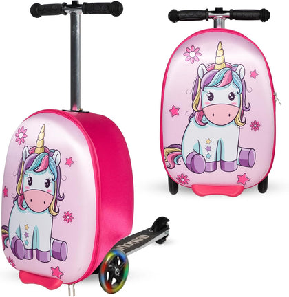 Unicorn Ride-On Scooter Suitcase for Kids - Fun Travel Companion Luggage with Built-in Scooter, LED Wheels, and