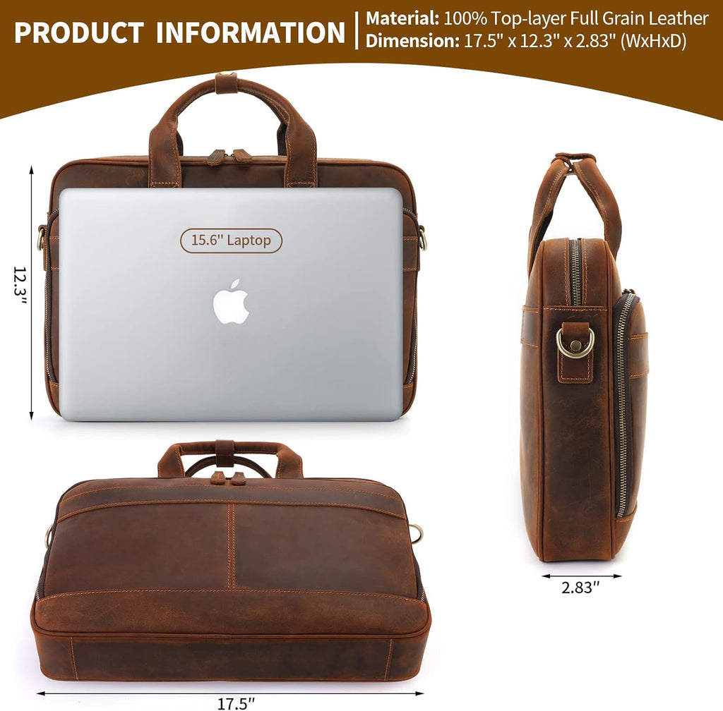 Full Grain Leather Briefcase for Men, Business Messenger Bag Laptop Bag Attache Case, Fits 15.6 Inch Laptop