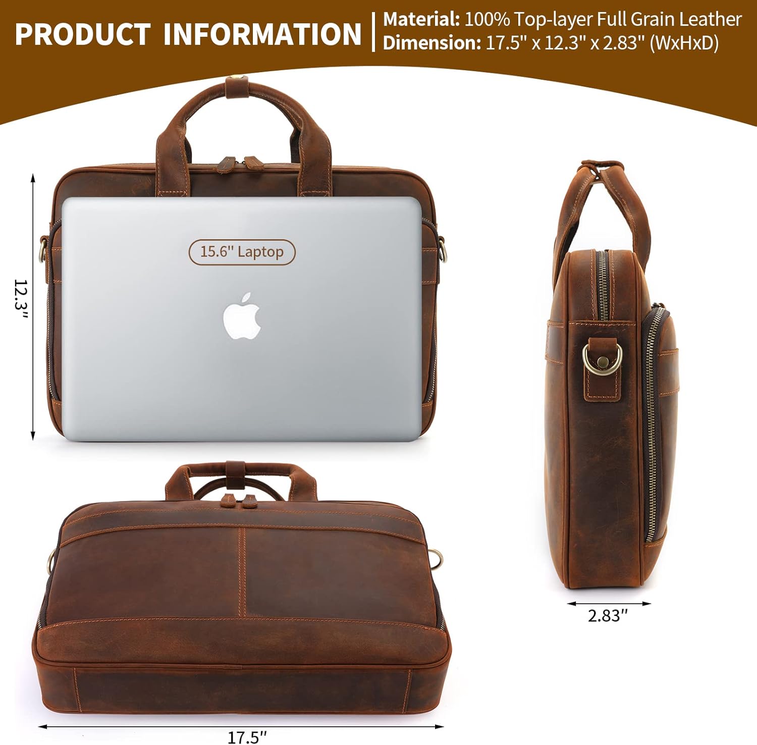 Full Grain Leather Briefcase for Men, Business Messenger Bag Laptop Bag Attache Case, Fits 15.6 Inch Laptop