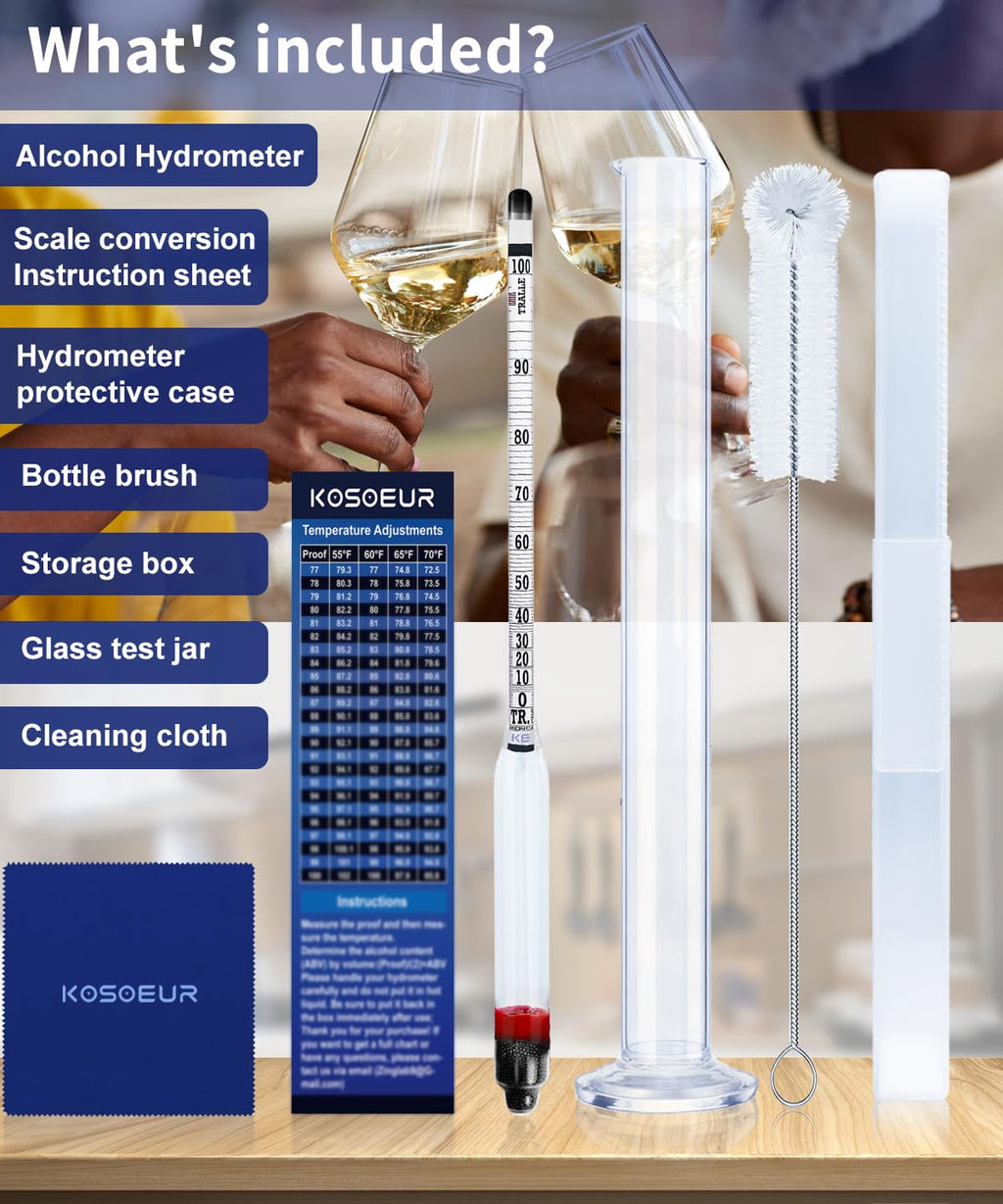 Hydrometer Alcohol Meter Kit, Hydrometer Alcohol 0-200 Proof and Tralle, Alcohol Tester for Liquor, Alcohol