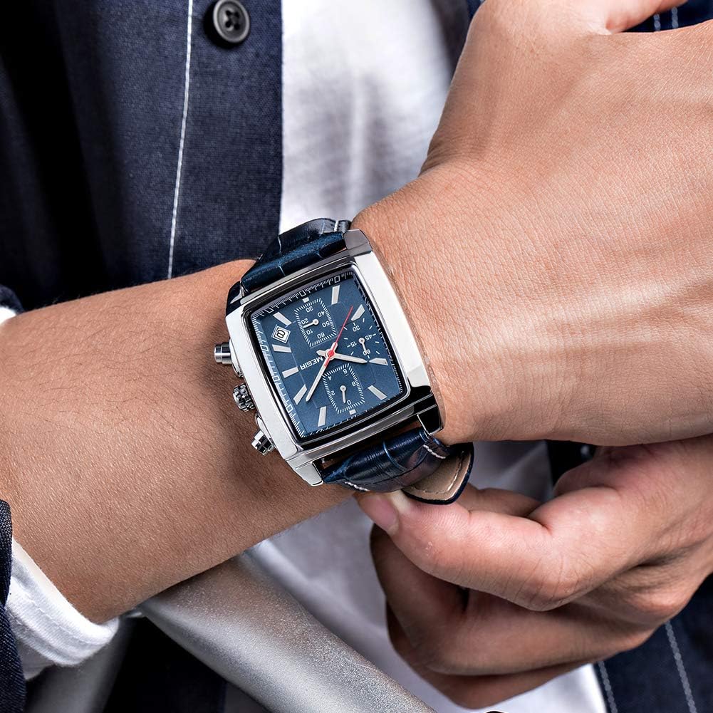 Men's Business Analog Chronograph Luminous Rectangle Quartz Watch with Stylish Leather Strap for Sport & Work