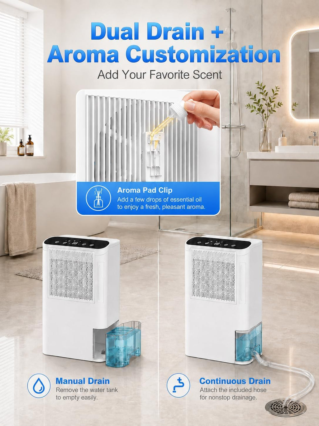 Dehumidifiers for Home & Basement, 2500 Sq.Ft Small Dehumidifier with Aroma Tray, 5ft Drain Hose, 74oz Water Tank