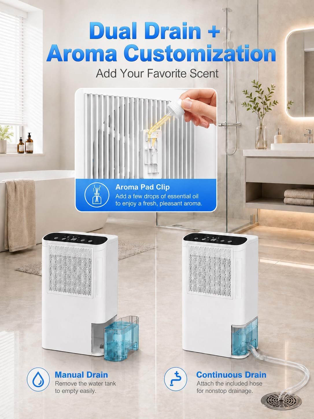 Dehumidifiers for Home & Basement, 2500 Sq.Ft Small Dehumidifier with Aroma Tray, 5ft Drain Hose, 74oz Water Tank