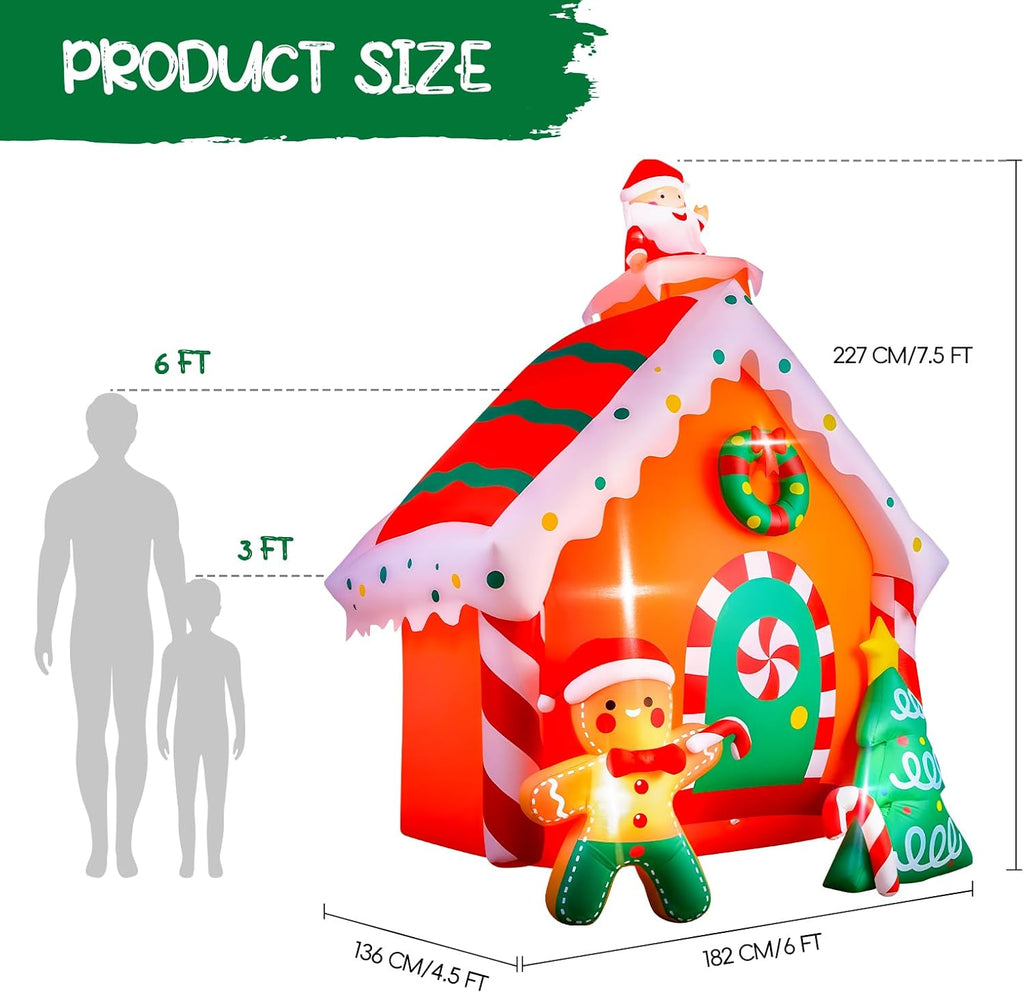 7.5 FT Tall Christmas Inflatables Gingerbread House Built-in LED Lights Blow Up Christmas Decor for Xmas Party