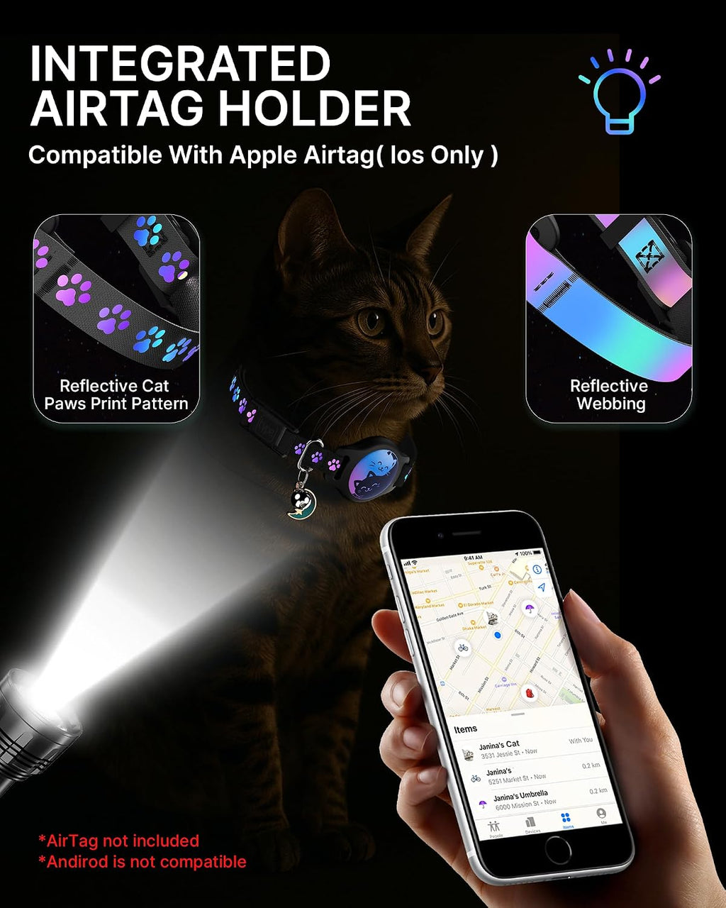 AirTag Cat Collar Breakaway, 2 Pack Cat Collar with Apple AirTag Holder