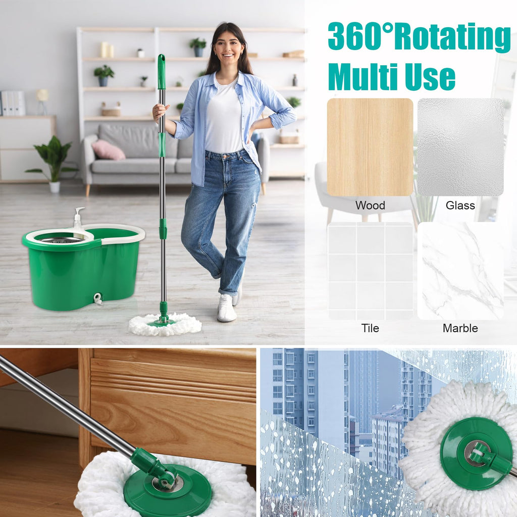 Spin Mop and Bucket with Wringer Set, 3 Microfiber Mop Heads, 61" Handle