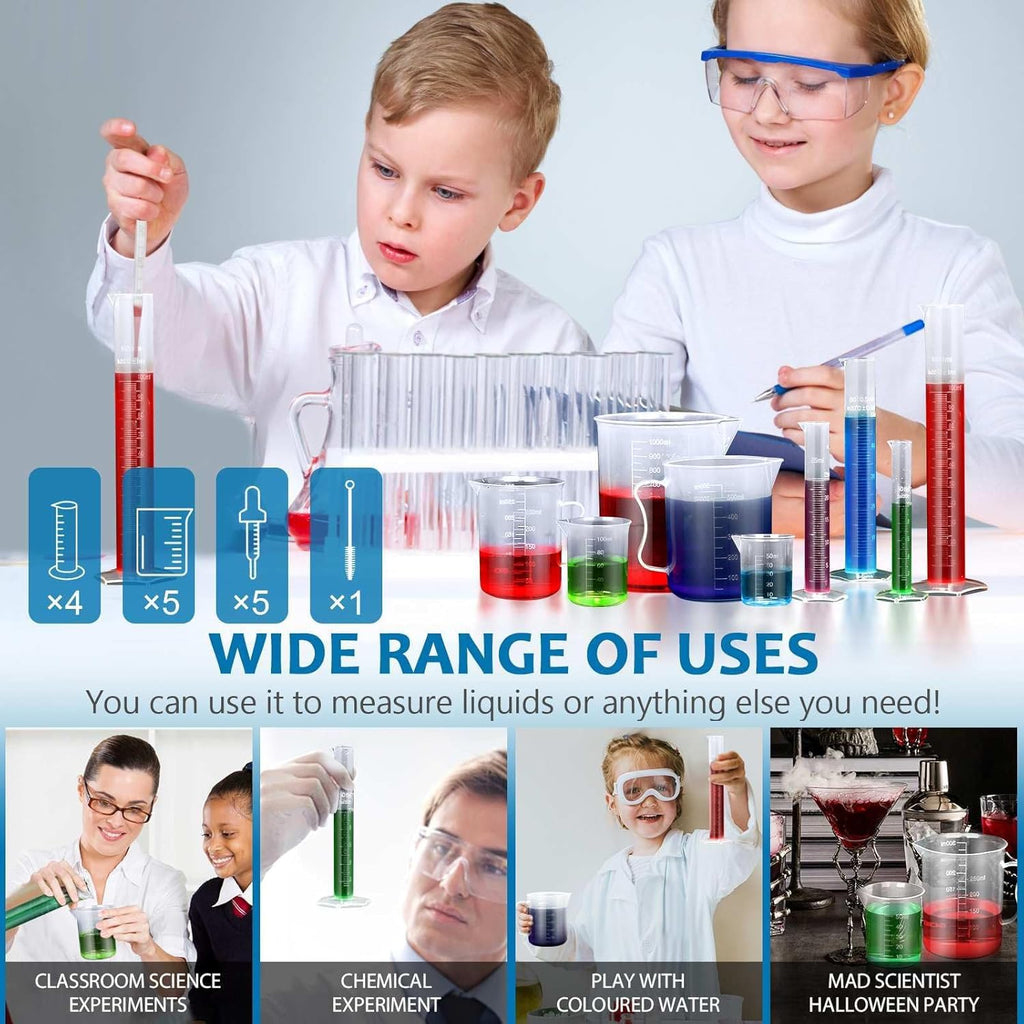 Upgraded Plastic Graduated Cylinders and Beakers, 10-1000ml 15PCS | 4 cylinders (10/25/50/100ml), 5 beakers