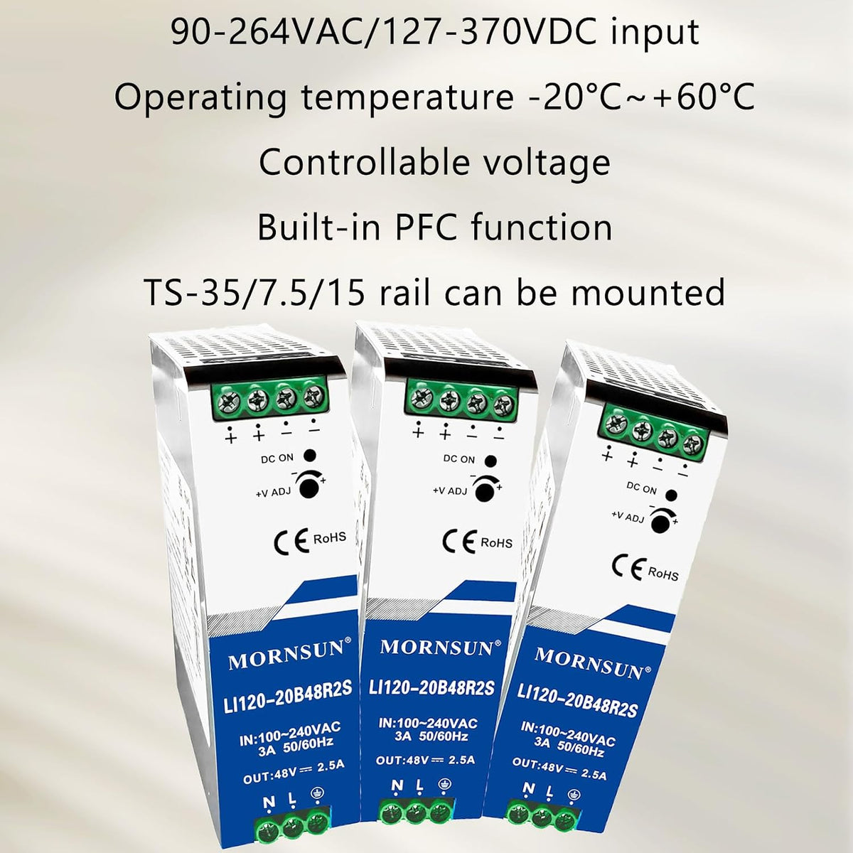 Centopto 120W 48V 2.5A Industrial DIN Rail Power Supply, AC-DC Universal,-20℃~+60℃