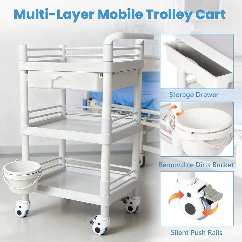 3 Tier Rolling Medical Cart, Utility Trolley with Drawer & Wheels | Mobile Beauty Salon Cart with Wheels for Spa