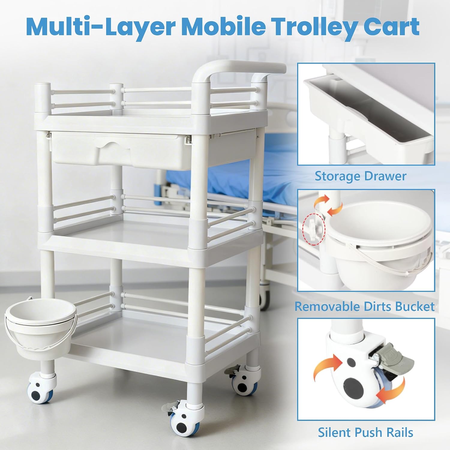 3 Tier Rolling Medical Cart, Utility Trolley with Drawer & Wheels | Mobile Beauty Salon Cart with Wheels for Spa