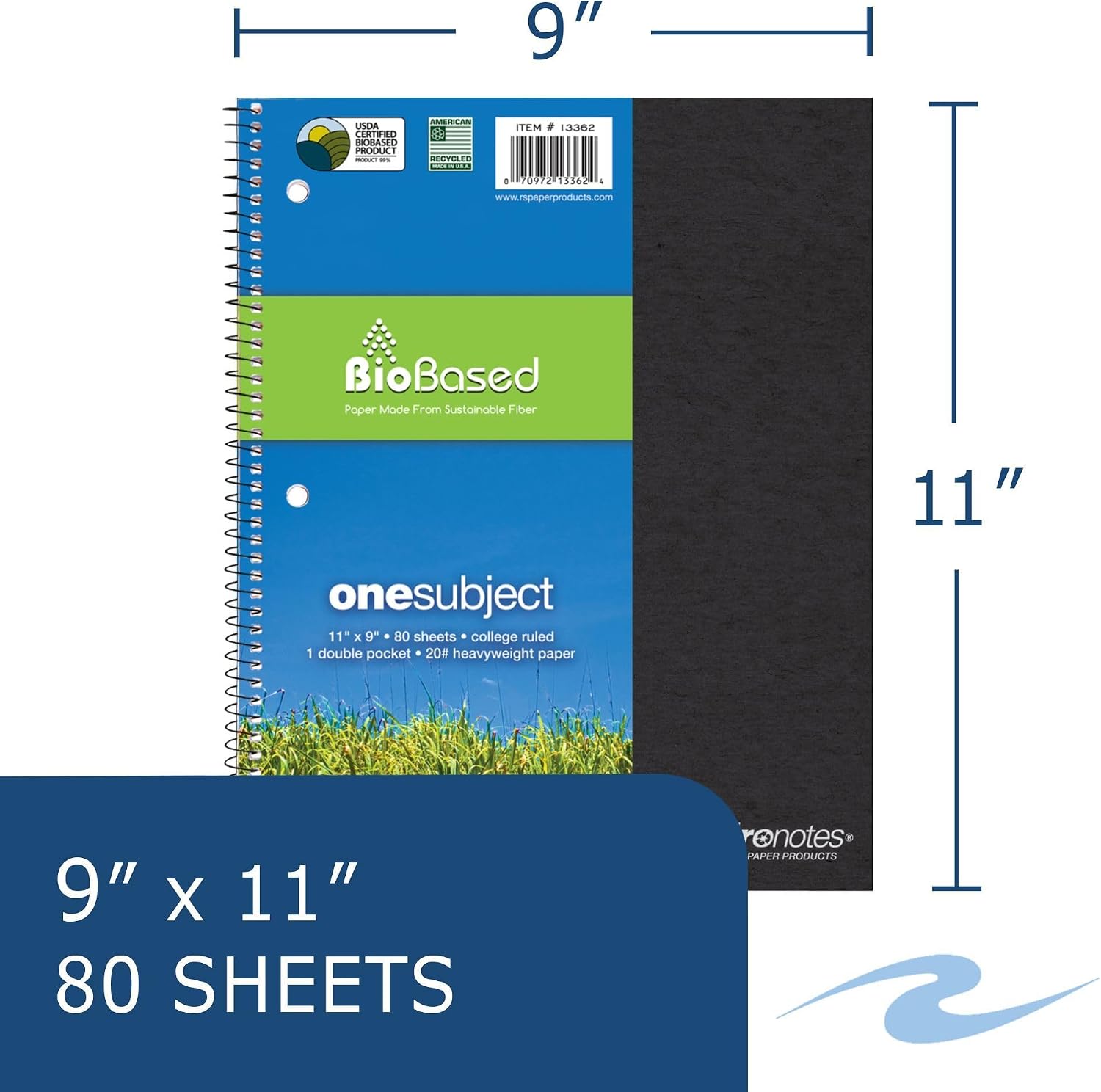 Environotes College Ruled Spiral Notebook, 1 Subject Recycled School Notebook with Storage Pocket, 11" x 9", 80