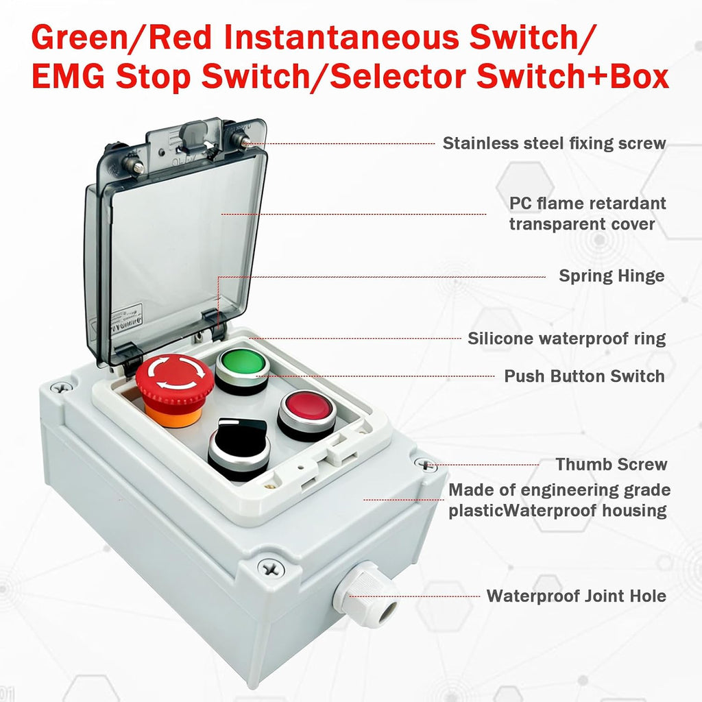 IP67 Efficient Waterproof Emergency Stop Button Box,22mm 4-Buttons Start Stop Control Station, Dustproof Anti-Misoperation Push Button Switch with Cover for Industrial Workshop Outdoor Use