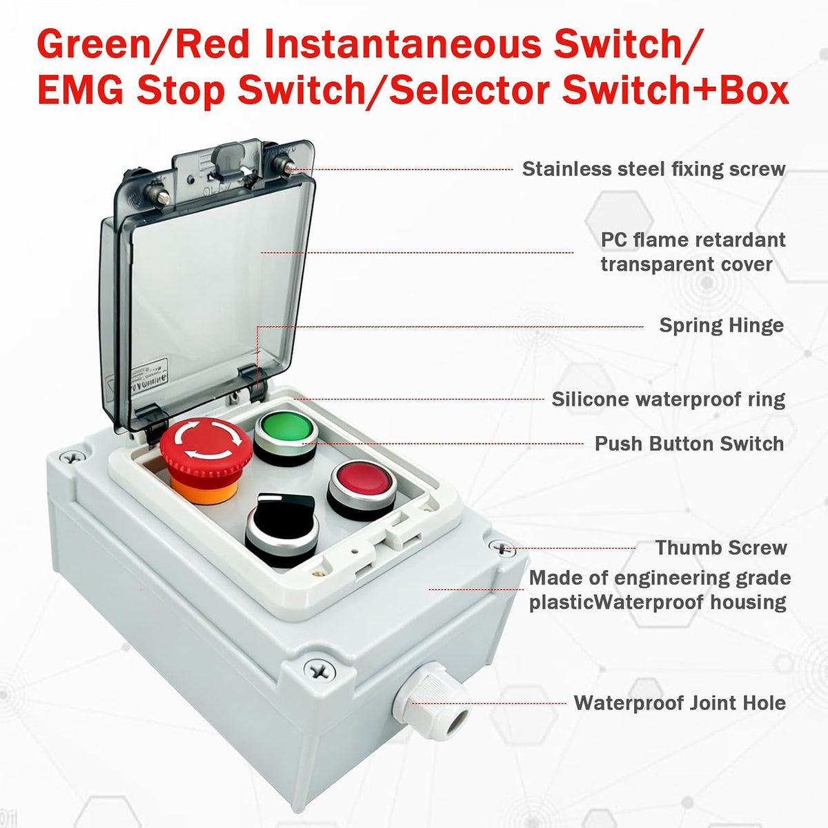 IP67 Efficient Waterproof Emergency Stop Button Box,22mm 4-Buttons Start Stop Control Station, Dustproof Anti-Misoperation Push Button Switch with Cover for Industrial Workshop Outdoor Use