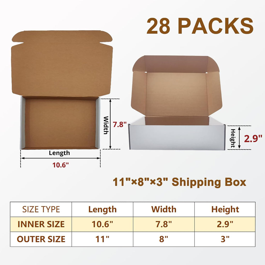 11 x8 x3 inches Shipping Boxes, 28 Pack White Cardboard Corrugated Mailers