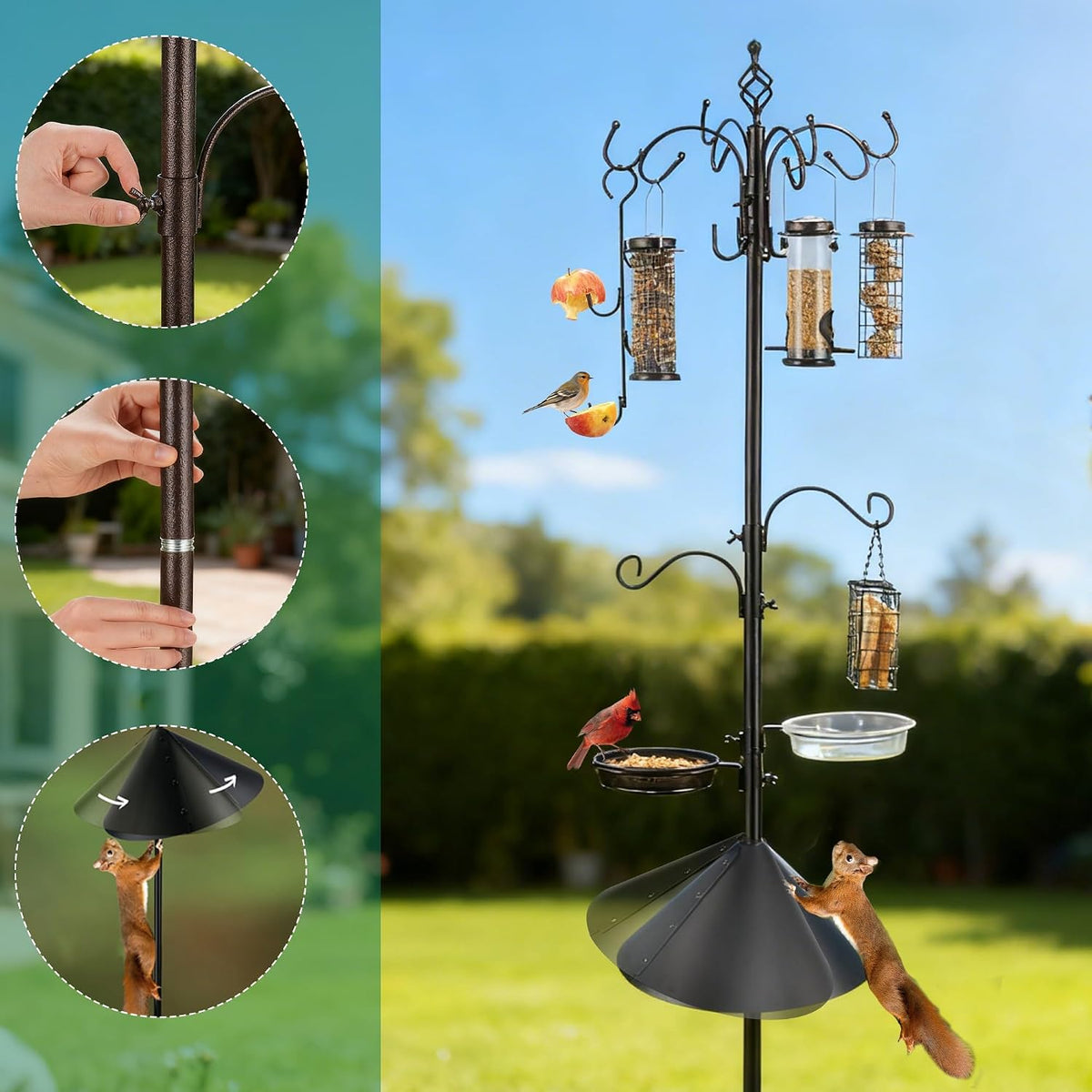 Bird Feeding Station Kit with Squirrel Baffle Bird Feeder Pole with Suet Cage Mesh Tray Fruit Hook Double W Hook for