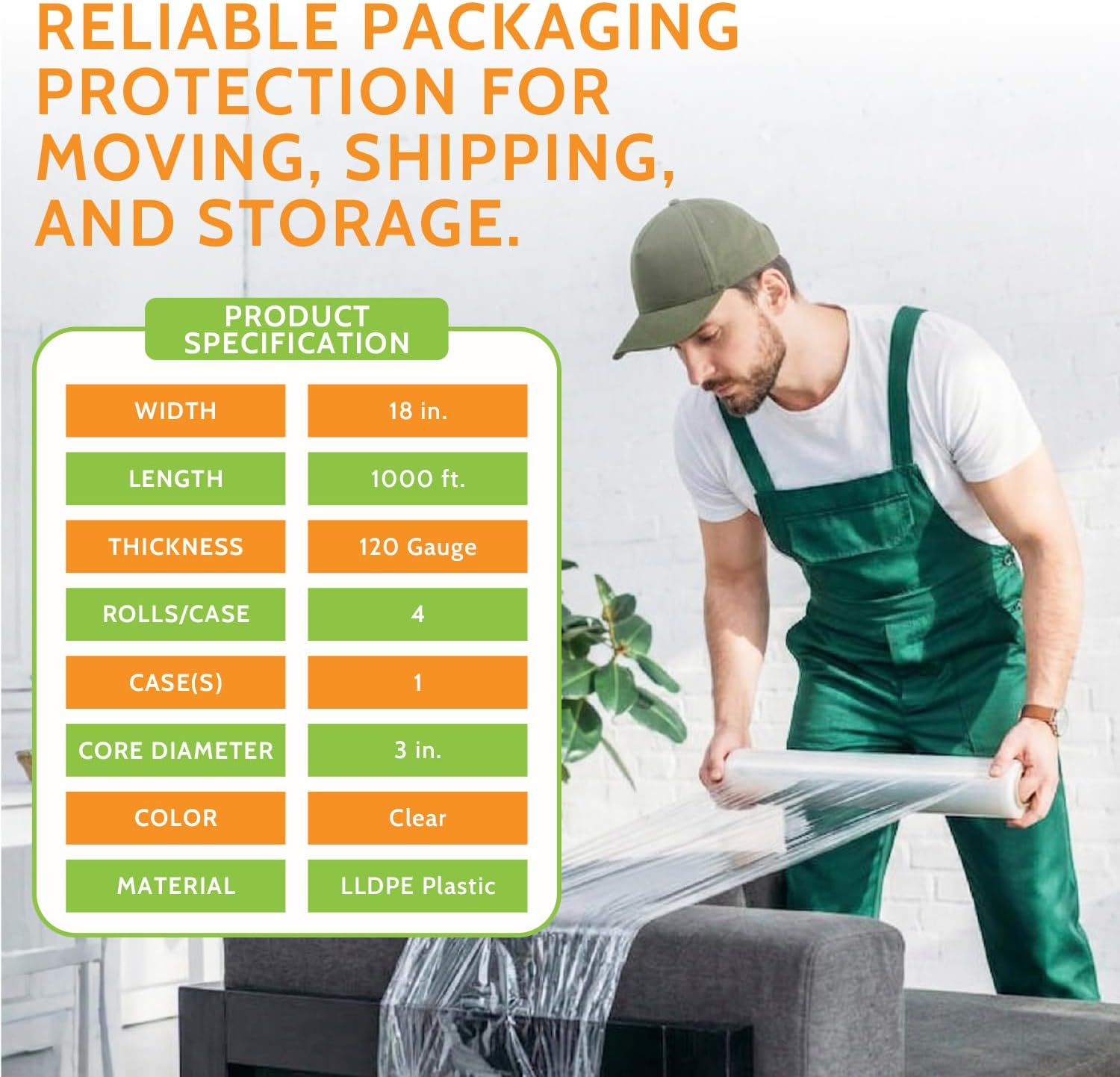 PSBM Cast Hand Plastic Stretch Wrap/Shrink Film 18" x 1000Ft 120 GA 4 Rolls | Heavy Duty up to 800% Ultimate Stretch