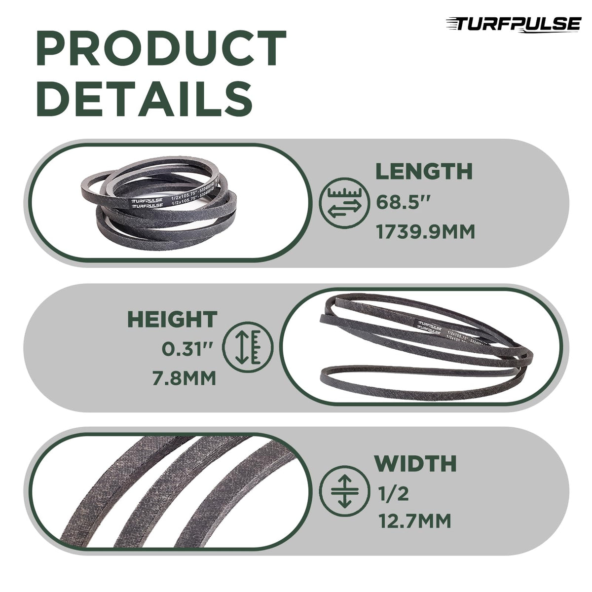 Lawn Mower Drive Belt Replace TCU26349 for John Deere, 1/2" x 68 1/2"