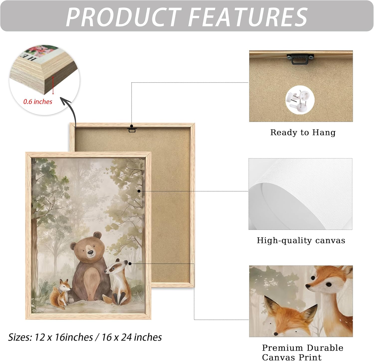 Woodland Animals Nursery Decor Framed Canvas Wall Art, 12x16 In 3pc | Cute Bear Fox Deer, Neutral Forest Animals