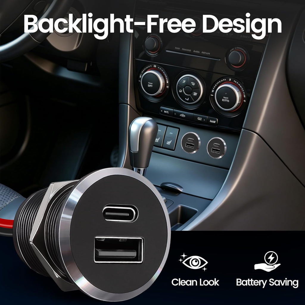 12V USB Outlet All-Aluminum QC 3.0 USB-A & USB-C PD3.0 Dual Fast Car Charger Socket, Recessed Mount Car USB Port for
