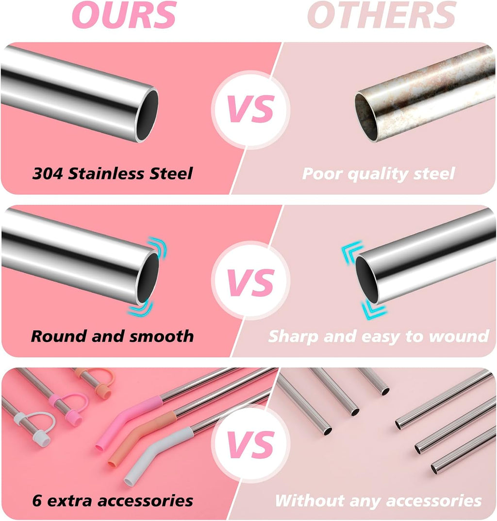 12" Stainless Steel Straws with Covers fit Stanl-ey 40 oz tumbler | Wide Straw Replacement with Silicone Tips & Cover