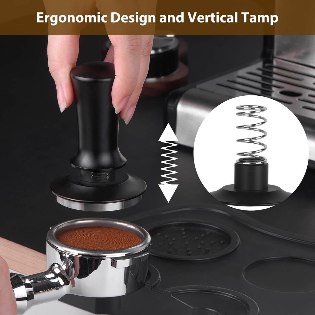 51mm Spring Loaded Depth Adjustable Espresso Tamper for Portafilter | Spring Loaded Mechanism, Depth Adjustable Knob