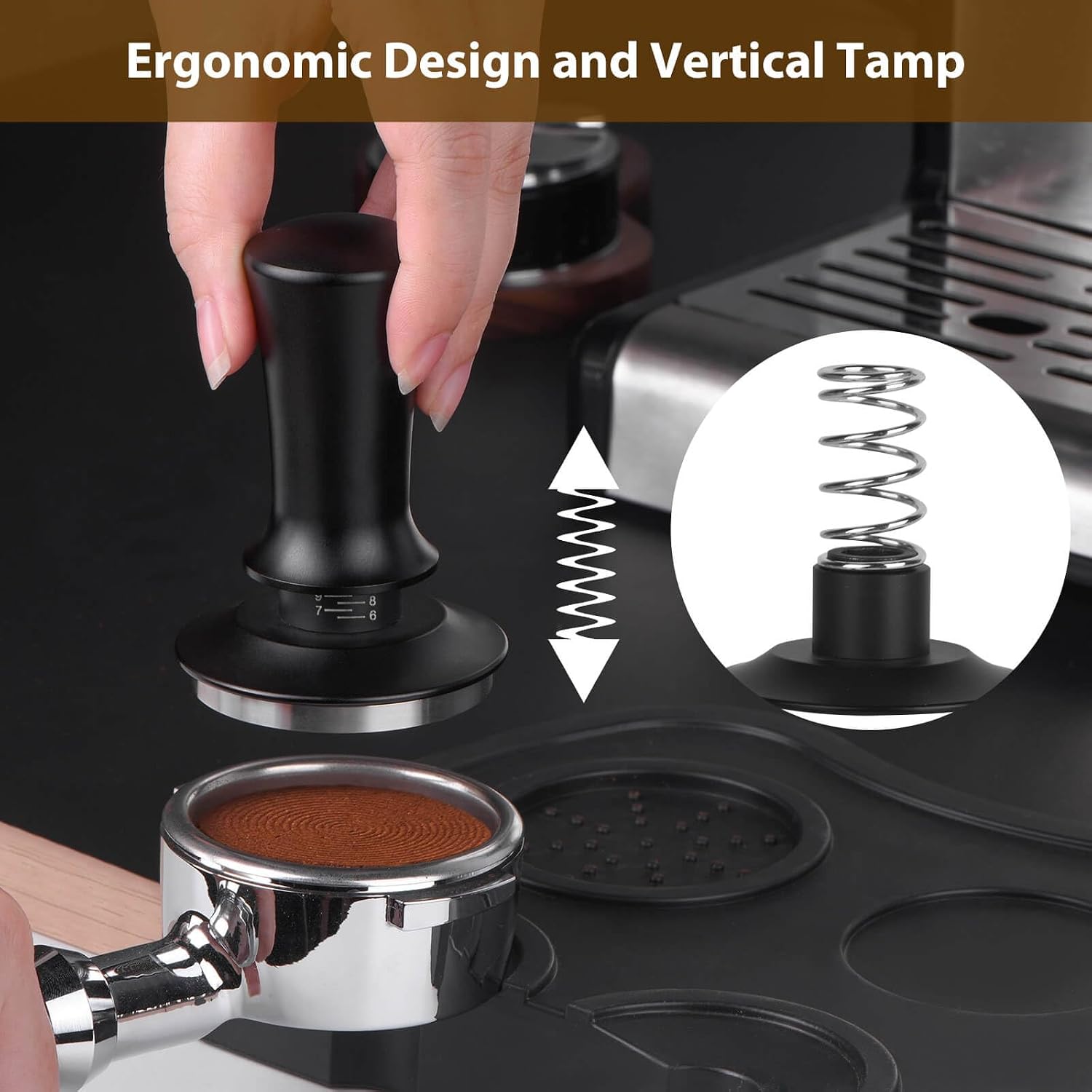 51mm Spring Loaded Depth Adjustable Espresso Tamper for Portafilter | Spring Loaded Mechanism, Depth Adjustable Knob