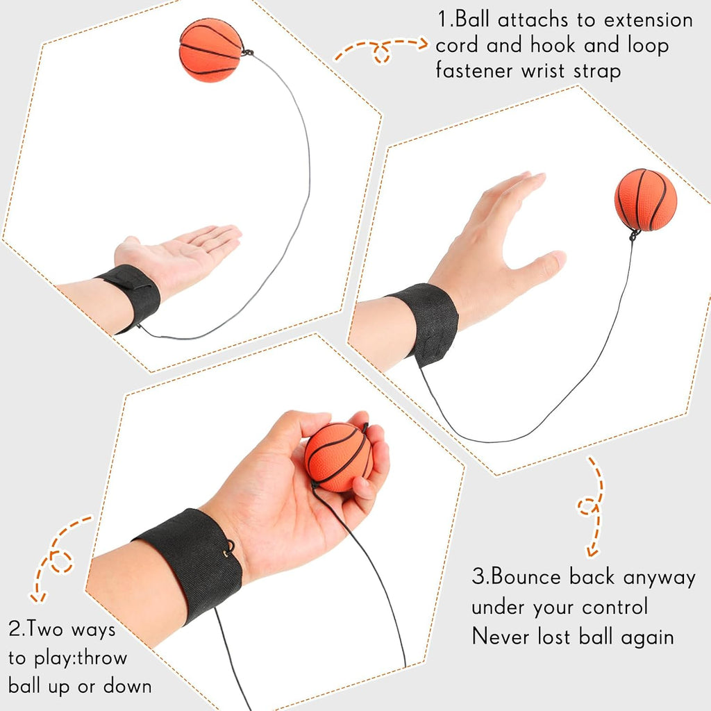 6 Pcs Wrist Return Ball on a String 2.48 Inch Rebound Sport Balls with Elastic Strap Soccer Basketball Baseball